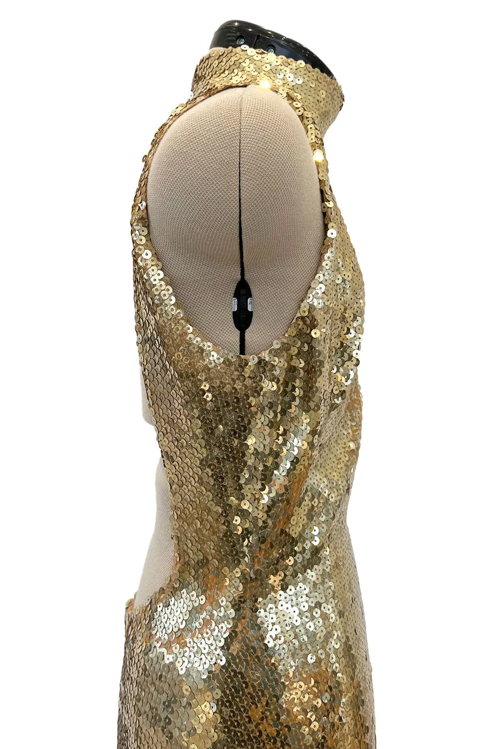 Rare Spring 1973 Loris Azzaro Ad Campaign Documented Gold Metallic Sequin Backless Halter Dress