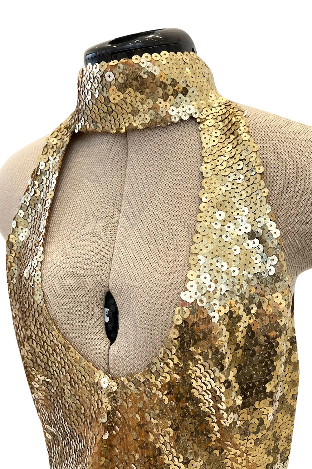 Rare Spring 1973 Loris Azzaro Ad Campaign Documented Gold Metallic Sequin Backless Halter Dress