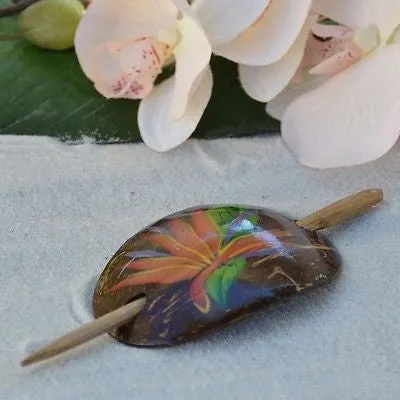 Real Coconut Shell Hair Clip Anthurium, Birds of Paradise or Hibiscus