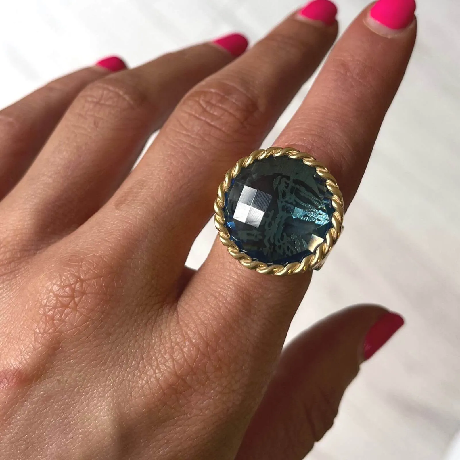 Rebecca Cocktail Gold Chunky Circular Ring - Aqua Blue