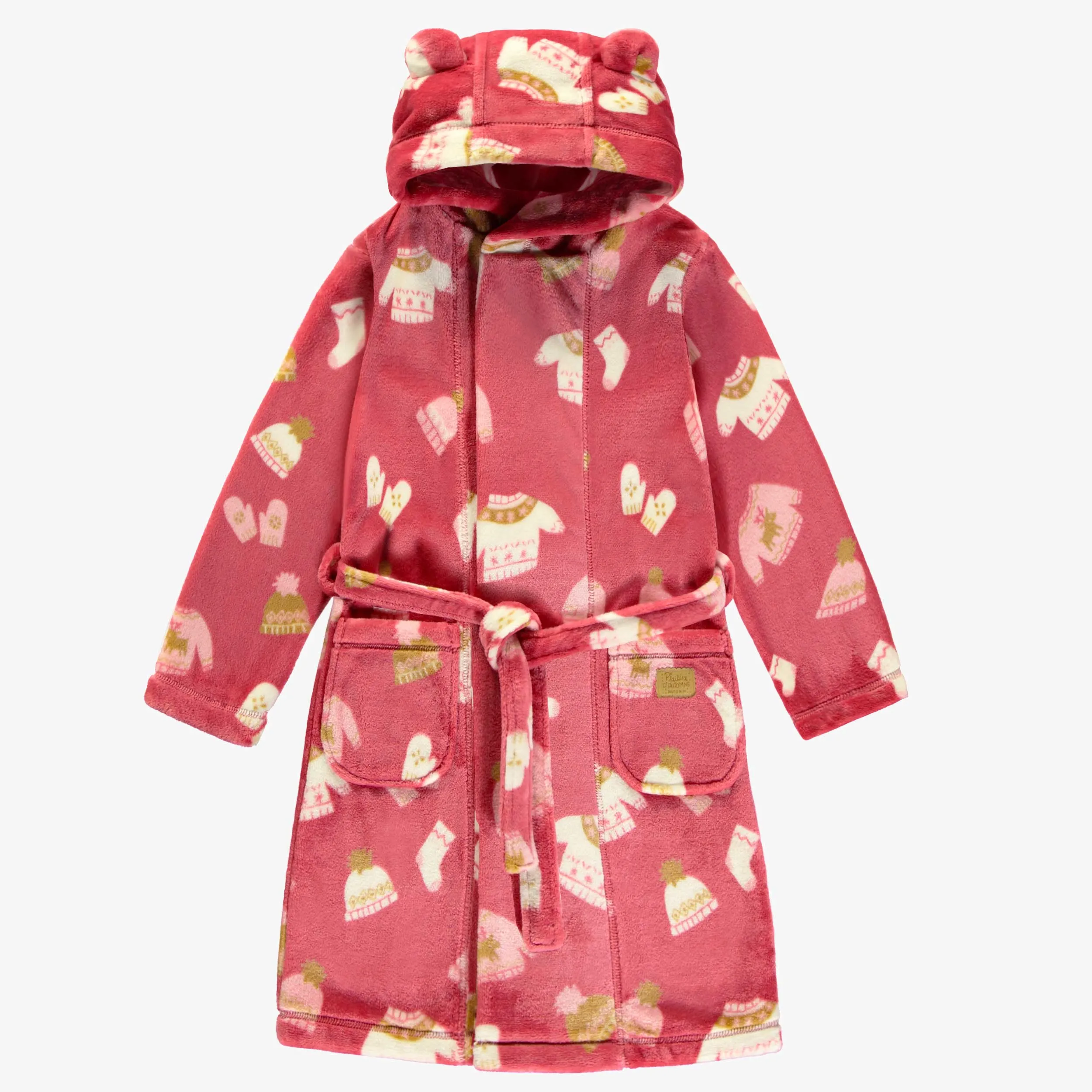 Robe de chambre rose à motif automnal en peluche, enfant || Pink dressing gown with autumnal all over print in plush, child