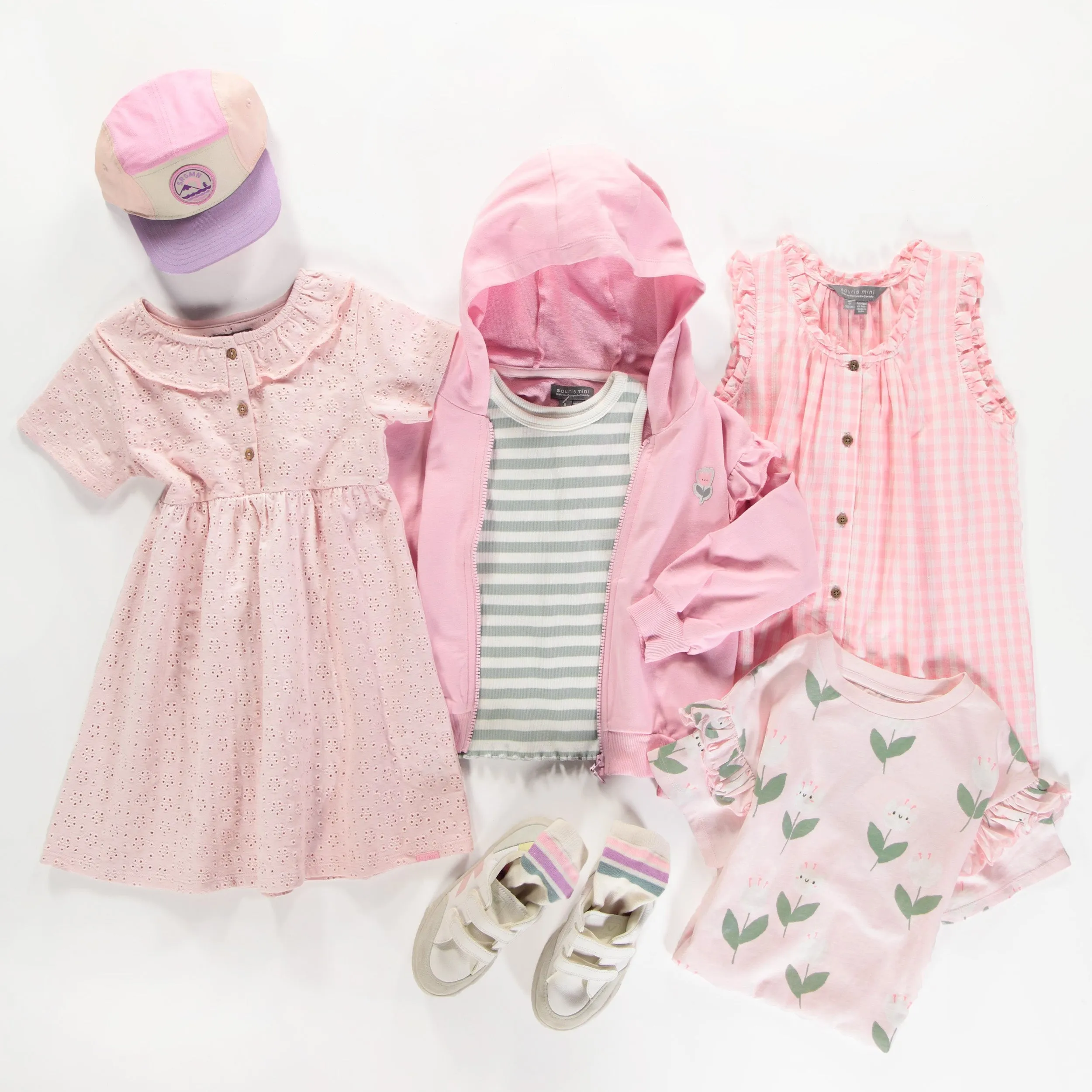 Robe rose en broderie anglaise à fleurs ajourées en jersey extensible, enfant  || Pink dress in broderie anglaise with openwork flowers in stretch jersey, child
