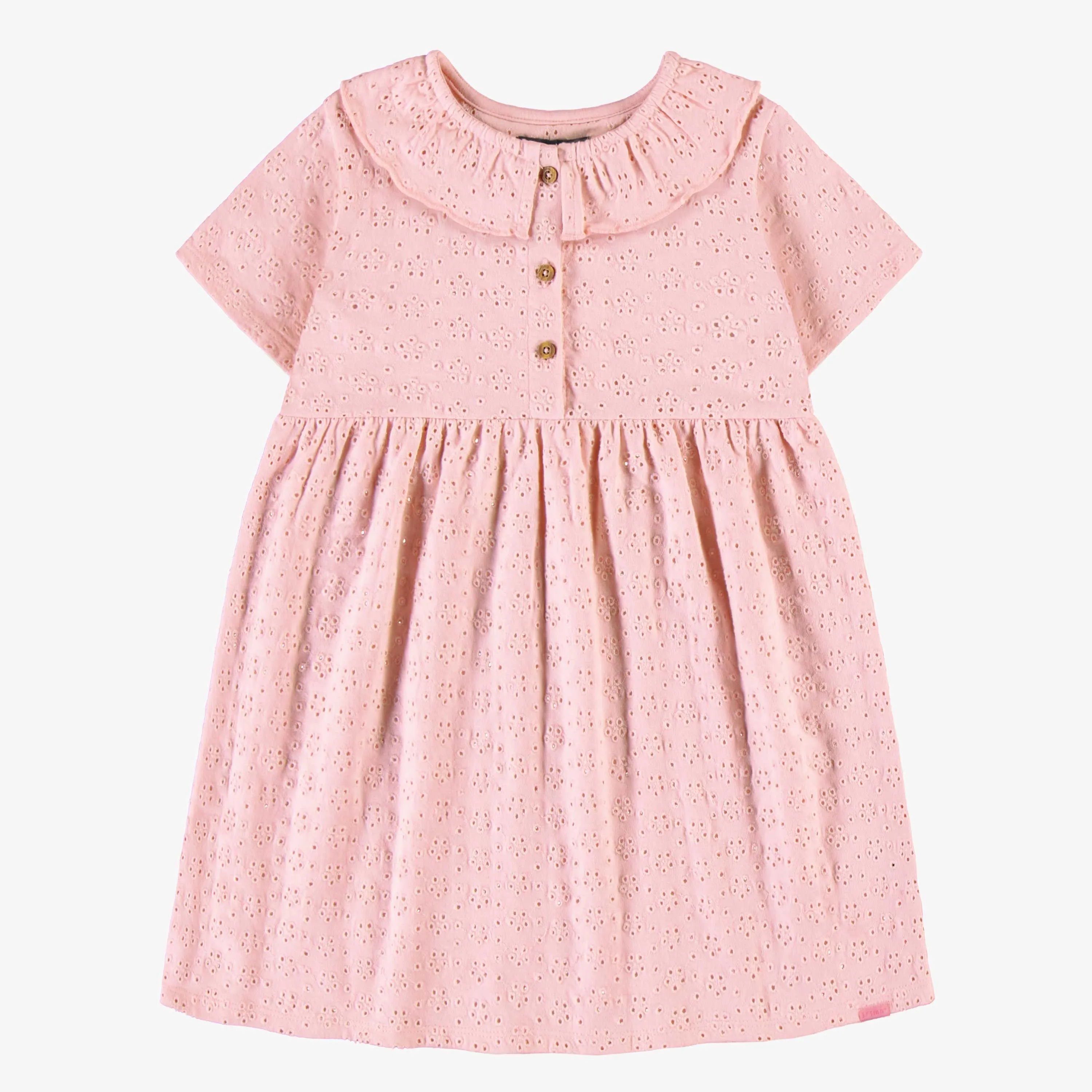 Robe rose en broderie anglaise à fleurs ajourées en jersey extensible, enfant  || Pink dress in broderie anglaise with openwork flowers in stretch jersey, child
