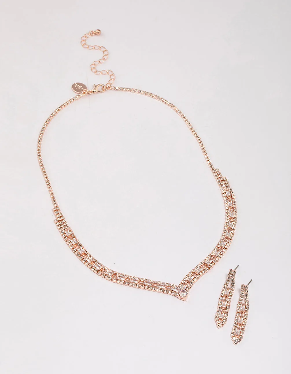 Rose Gold Rectangle Graduating Pendant Necklace & Earrings Set