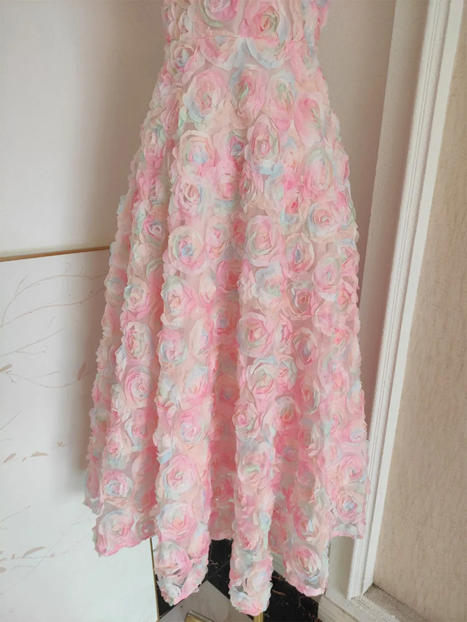Rose Luxury Spaghetti Strap High Waist Swing Party Dress
