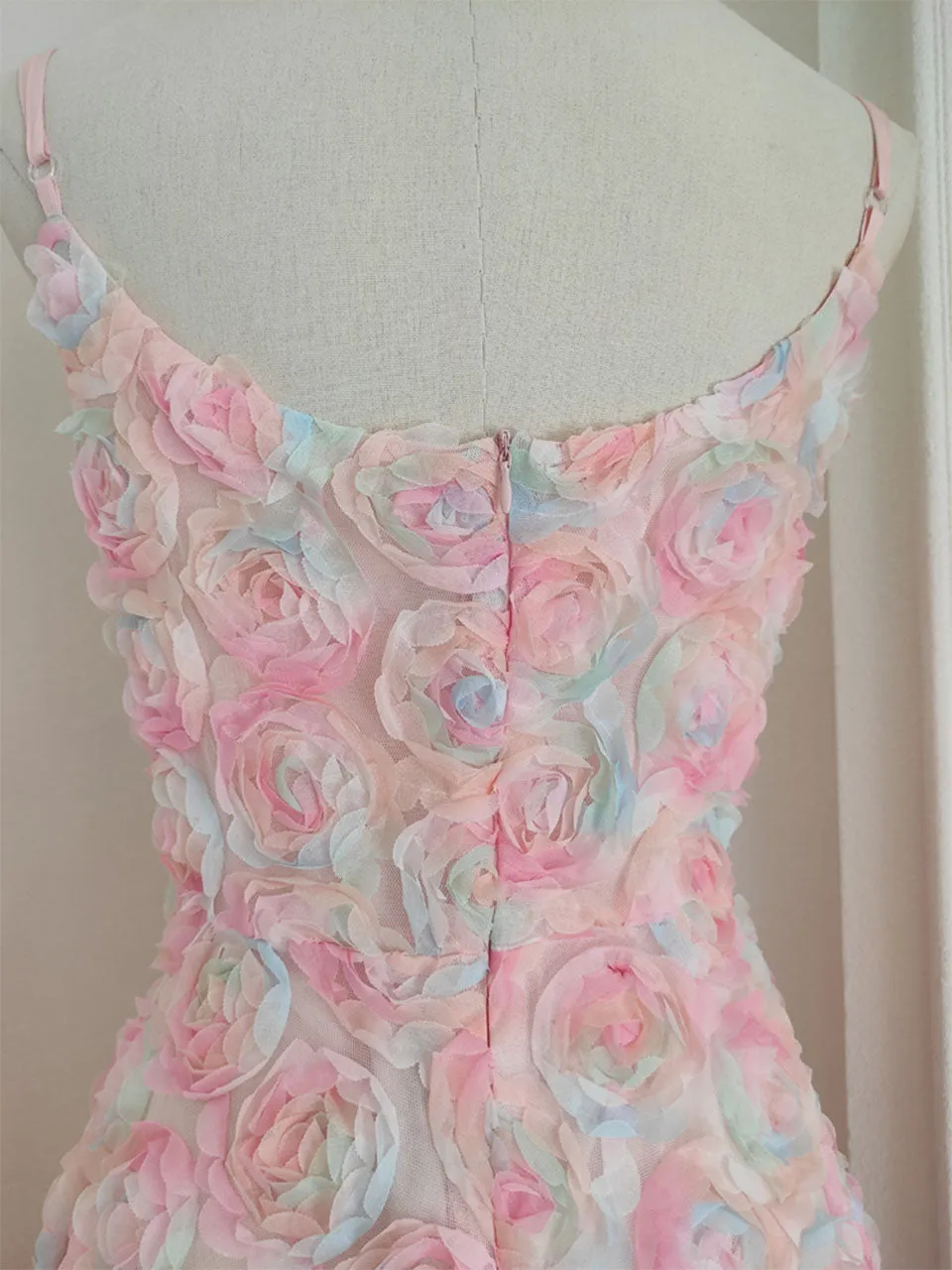 Rose Luxury Spaghetti Strap High Waist Swing Party Dress