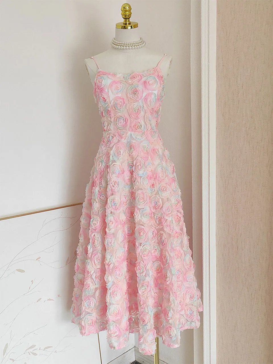Rose Luxury Spaghetti Strap High Waist Swing Party Dress