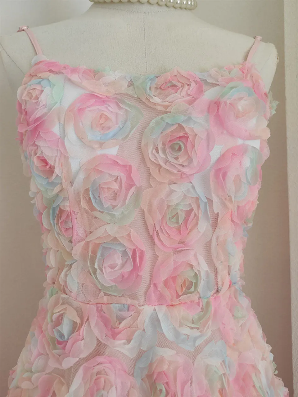 Rose Luxury Spaghetti Strap High Waist Swing Party Dress