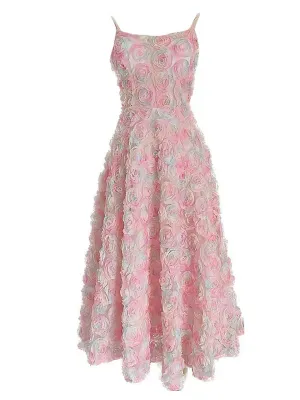 Rose Luxury Spaghetti Strap High Waist Swing Party Dress