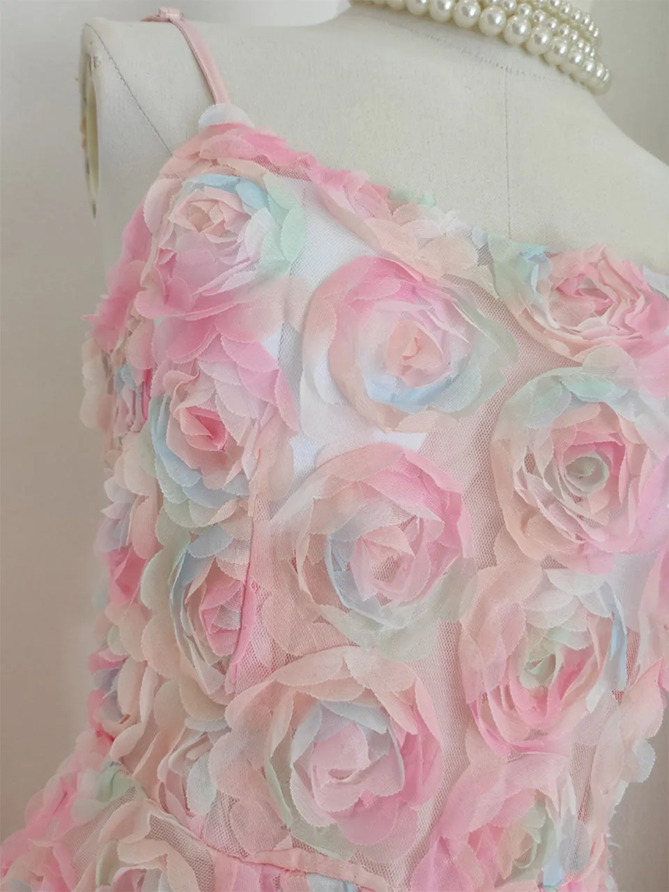 Rose Luxury Spaghetti Strap High Waist Swing Party Dress