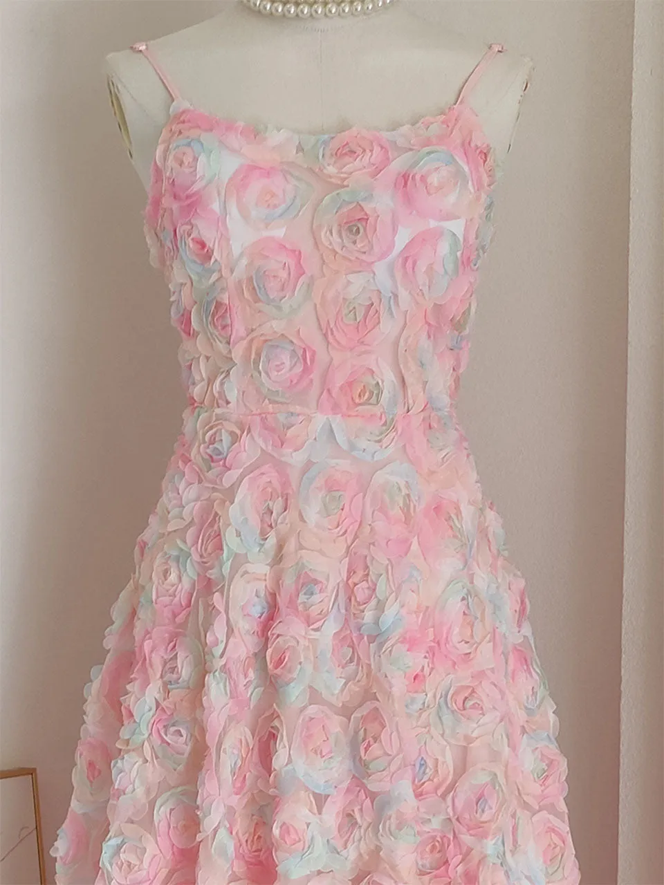Rose Luxury Spaghetti Strap High Waist Swing Party Dress