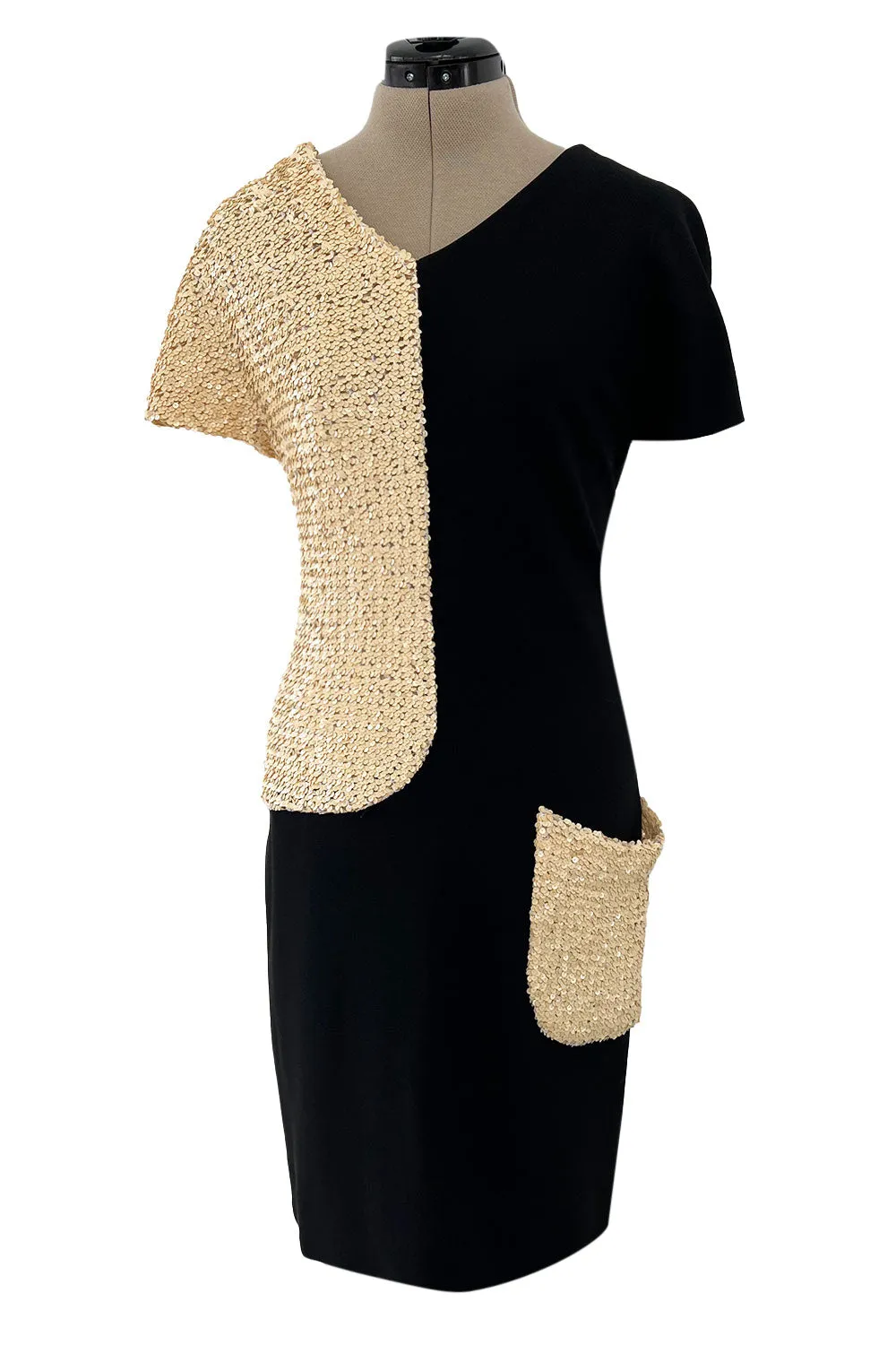 Runway Spring 1991 Karl Lagerfeld Black Crepe & Creamy Ivory Sequin Dress w Pocket