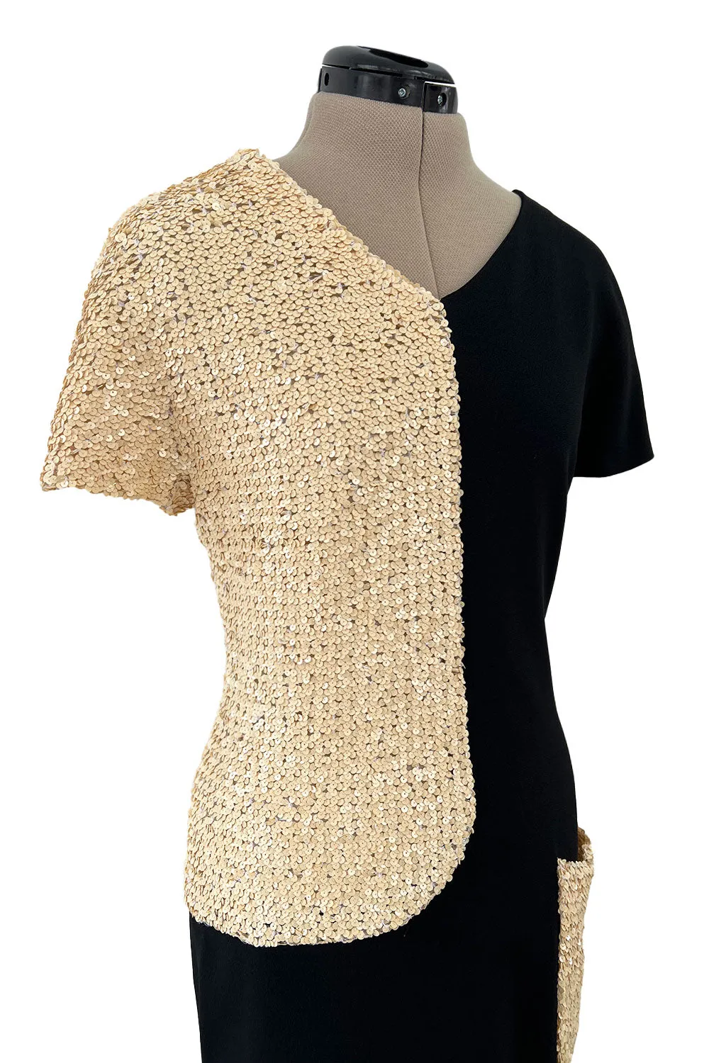 Runway Spring 1991 Karl Lagerfeld Black Crepe & Creamy Ivory Sequin Dress w Pocket