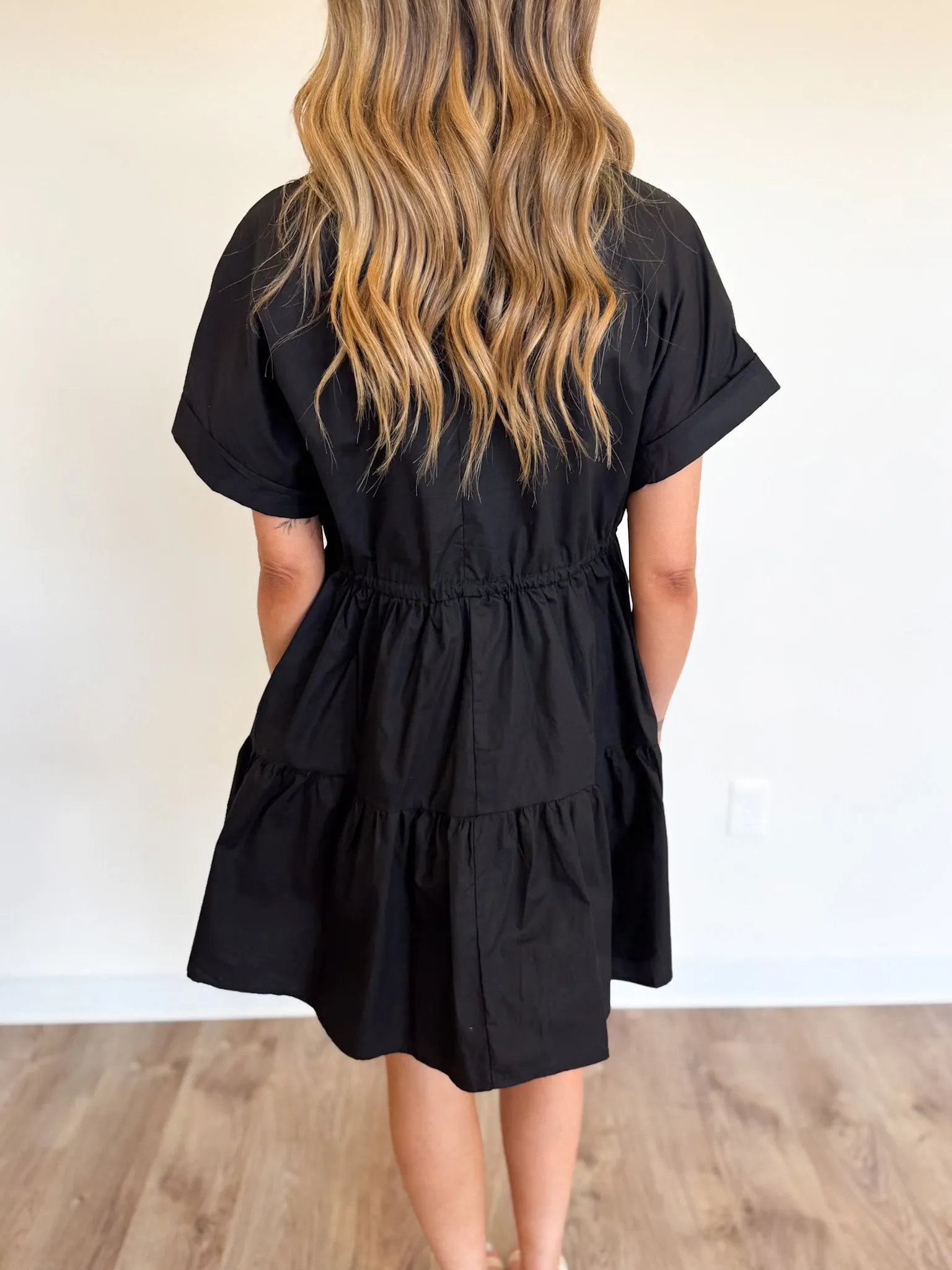 Scottie Poplin Tiered Mini Dress in Black