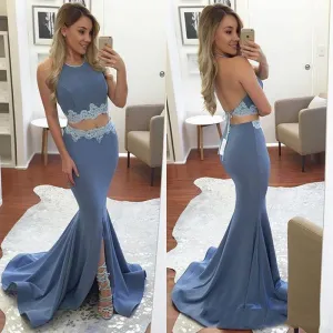 Sexy Mermaid Halter two Pieces Prom Dresses Backless Front-Split