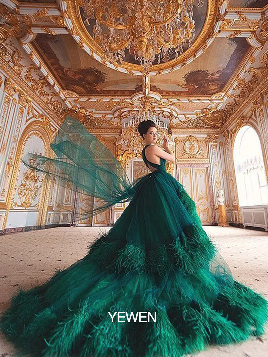 Sexy V Neck Backless Feathers Luxury Colorful Wedding Dresses Photography Dress 10092