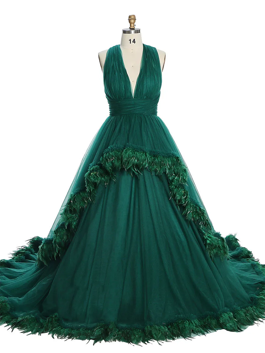 Sexy V Neck Backless Feathers Luxury Colorful Wedding Dresses Photography Dress 10092
