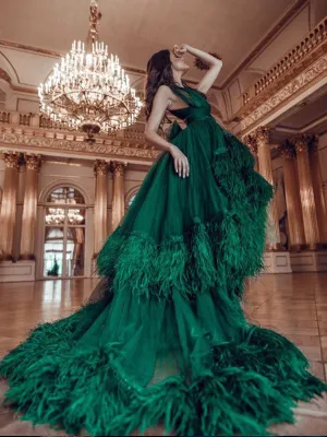 Sexy V Neck Backless Feathers Luxury Colorful Wedding Dresses Photography Dress 10092