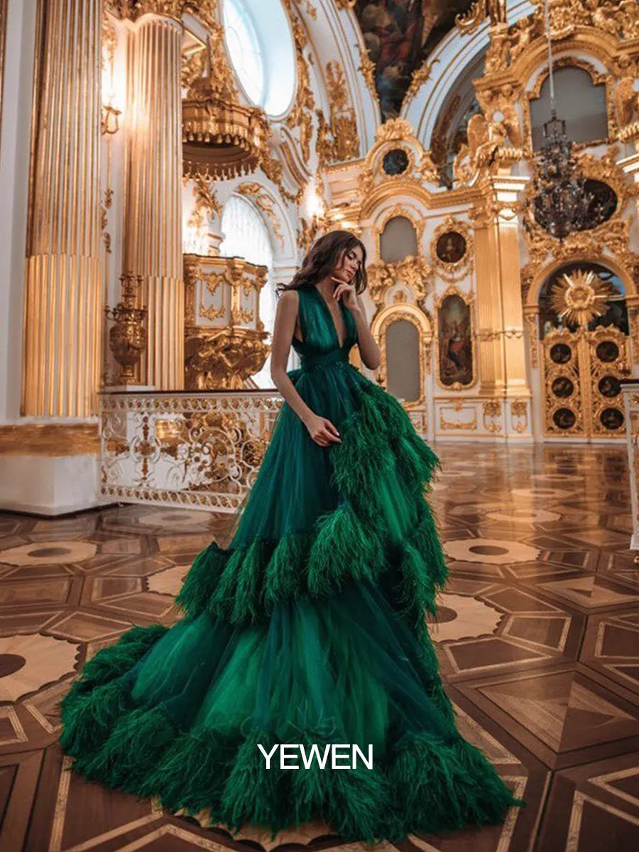 Sexy V Neck Backless Feathers Luxury Colorful Wedding Dresses Photography Dress 10092