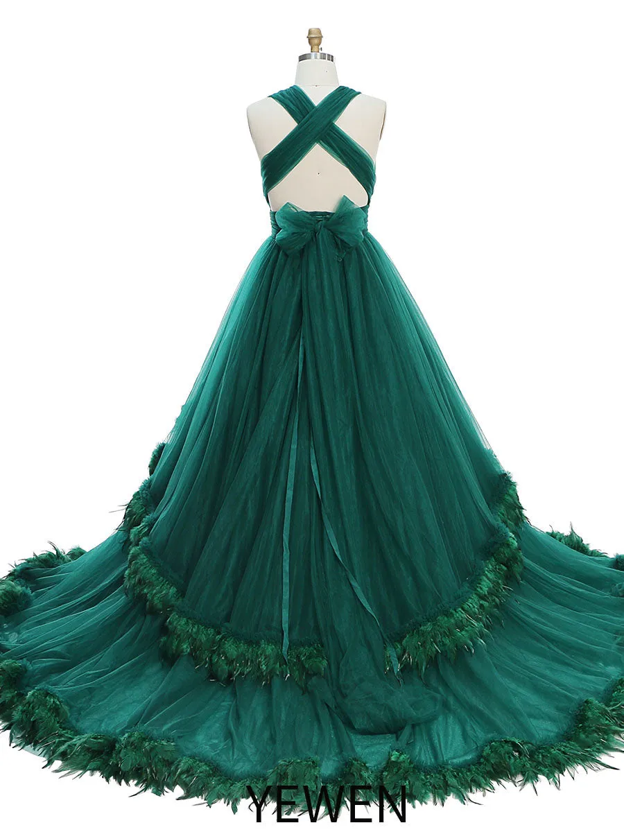 Sexy V Neck Backless Feathers Luxury Colorful Wedding Dresses Photography Dress 10092