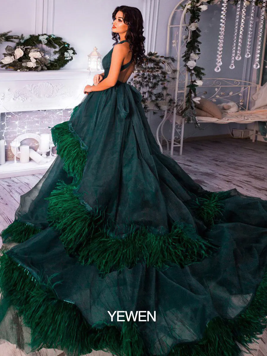 Sexy V Neck Backless Feathers Luxury Colorful Wedding Dresses Photography Dress 10092