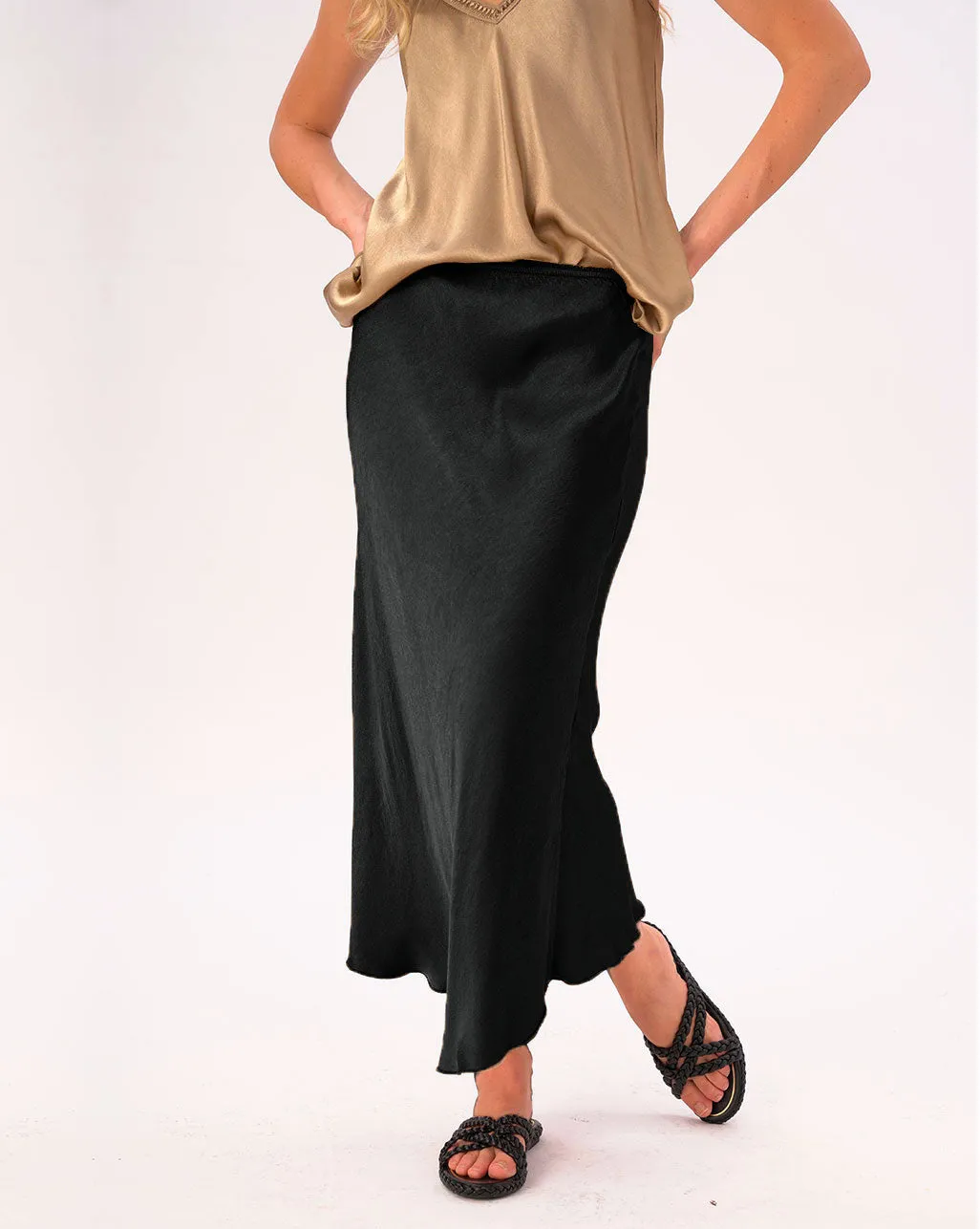Silky Elastic Waist Maxi Skirt