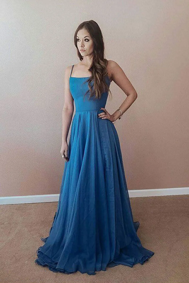 Simple blue chiffon long prom dress, blue backless evening dress