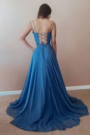 Simple blue chiffon long prom dress, blue backless evening dress