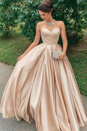 Simple champagne satin long prom dress, evening dress
