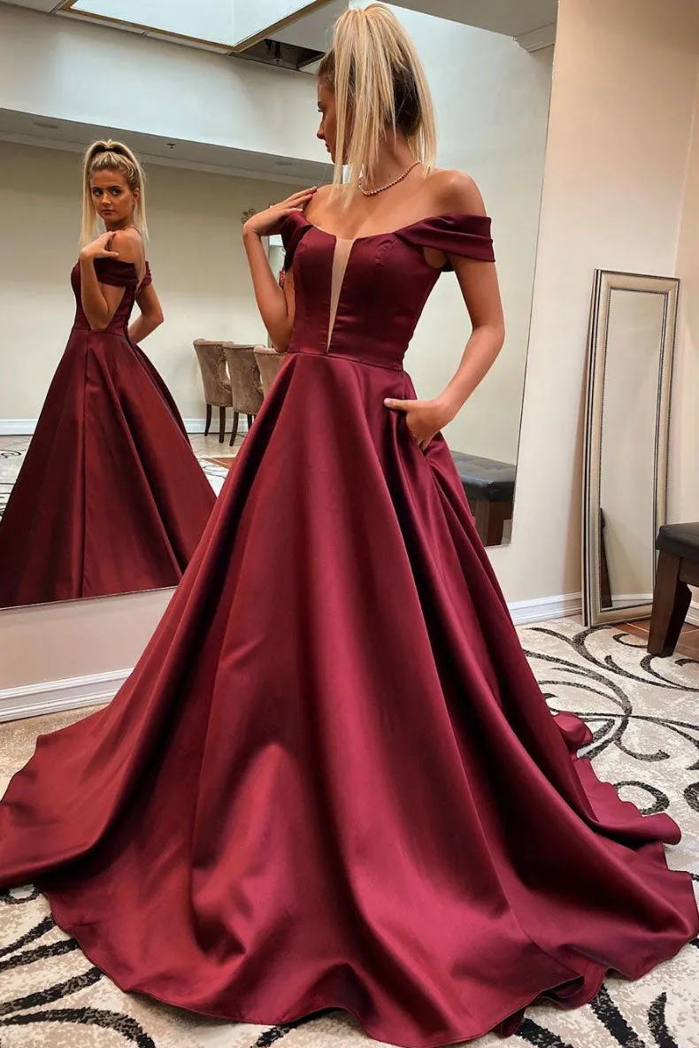 Simple off shoulder satin long prom dress long evening dress