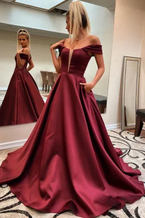 Simple off shoulder satin long prom dress long evening dress