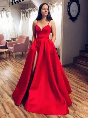 Simple Red Satin Long Prom with High Slit, Red Formal Graduation Evening