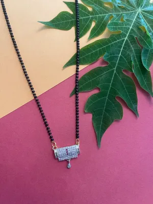 Simple Short American Diamond Mangalsutra Designs Rectangle Pendant Black Beads Chain