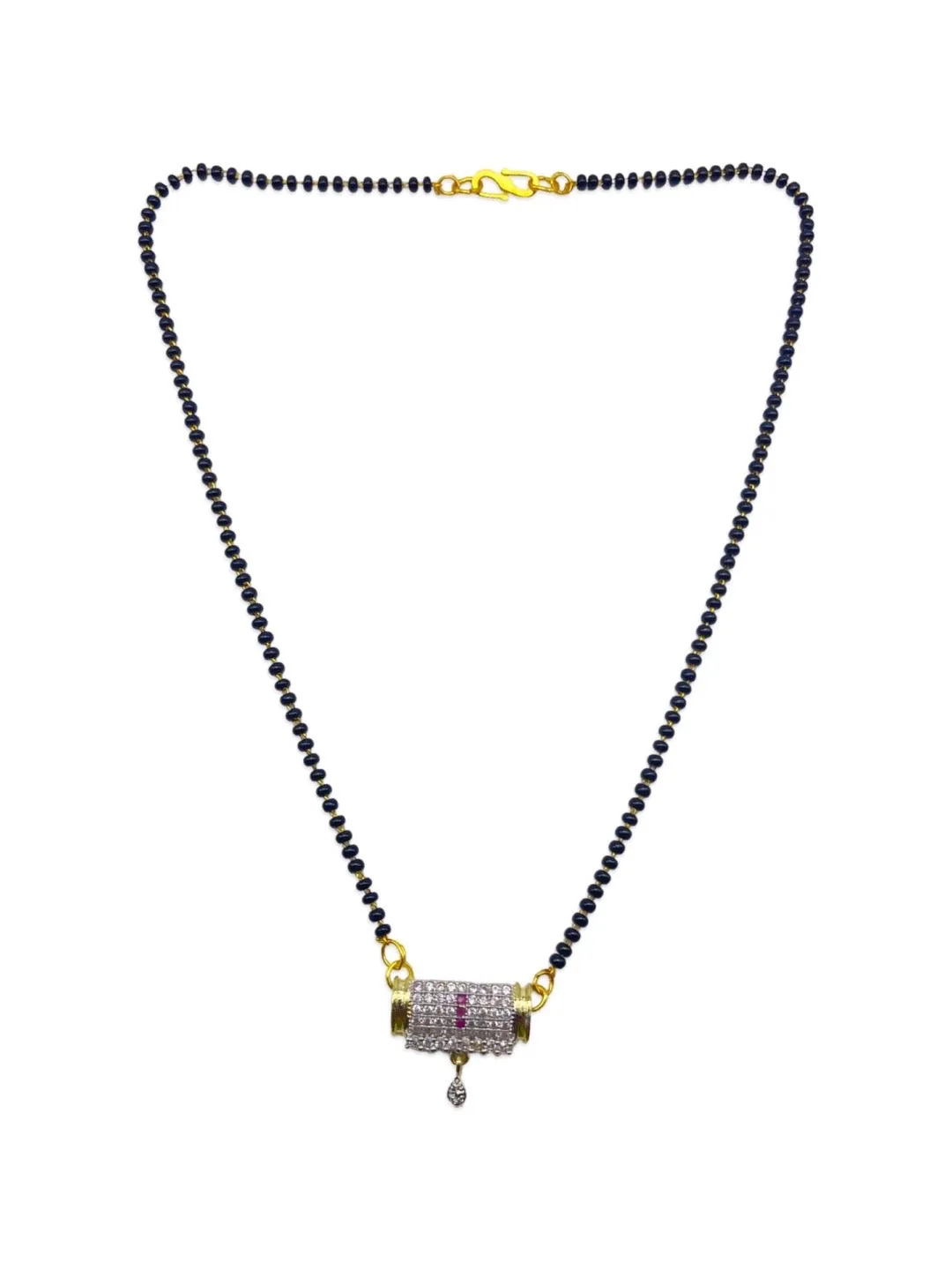 Simple Short American Diamond Mangalsutra Designs Rectangle Pendant Black Beads Chain