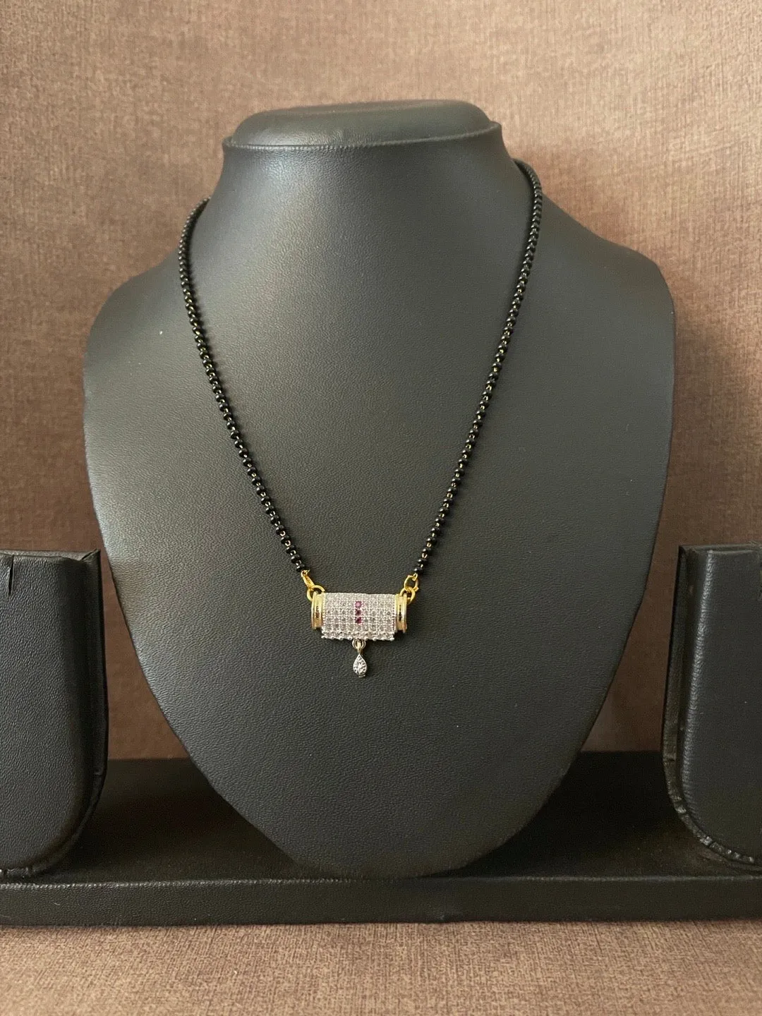 Simple Short American Diamond Mangalsutra Designs Rectangle Pendant Black Beads Chain