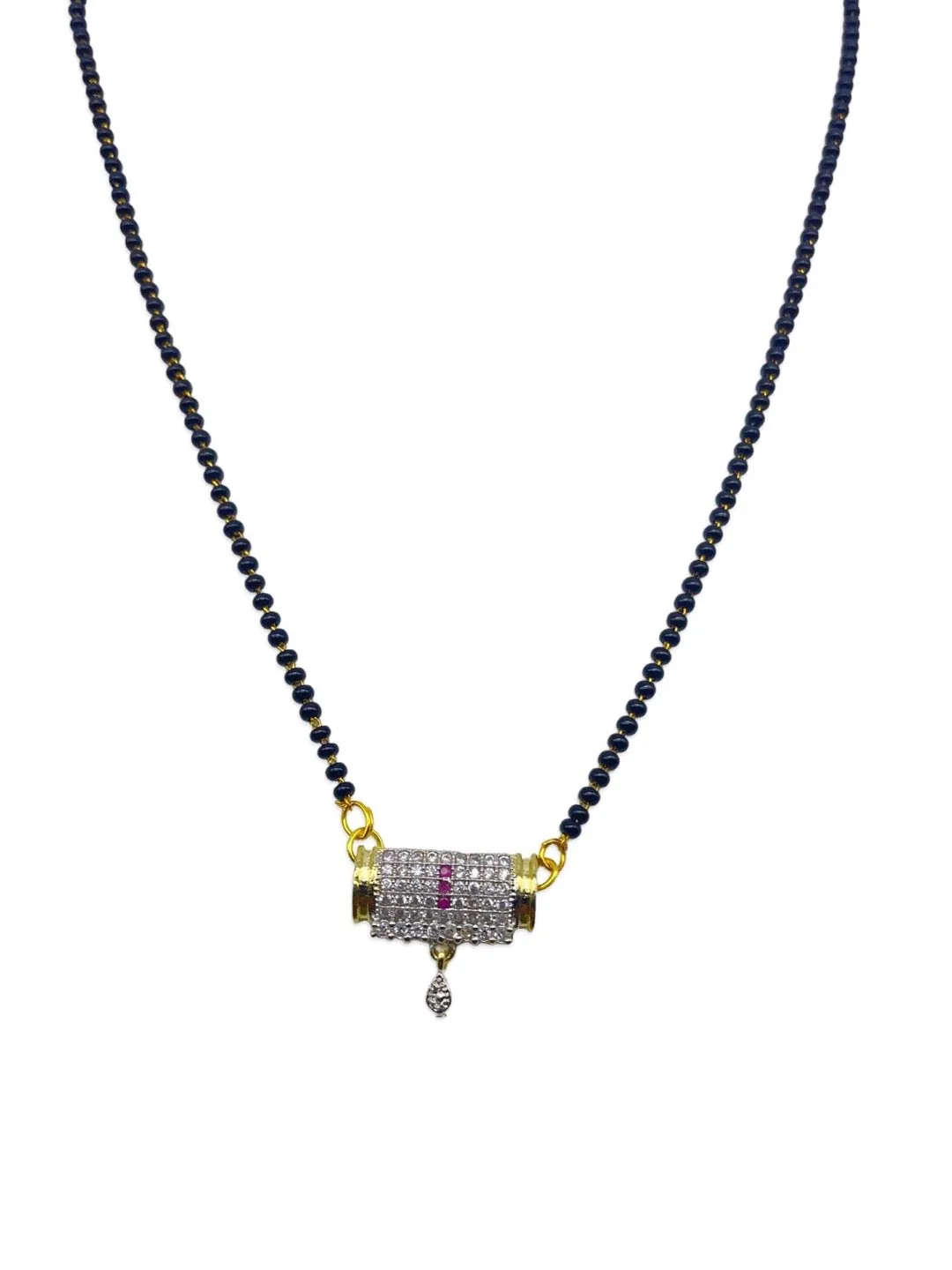 Simple Short American Diamond Mangalsutra Designs Rectangle Pendant Black Beads Chain