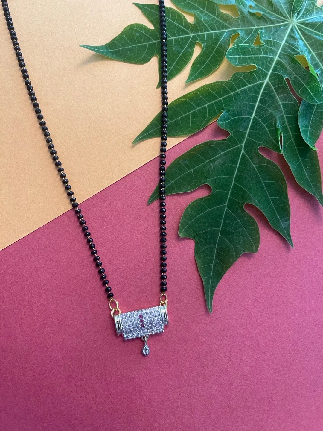 Simple Short American Diamond Mangalsutra Designs Rectangle Pendant Black Beads Chain