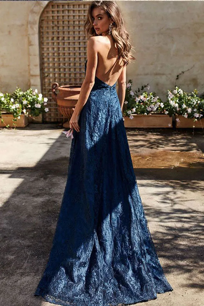 Simple v neck dark blue lace long prom dress, lace evening dress