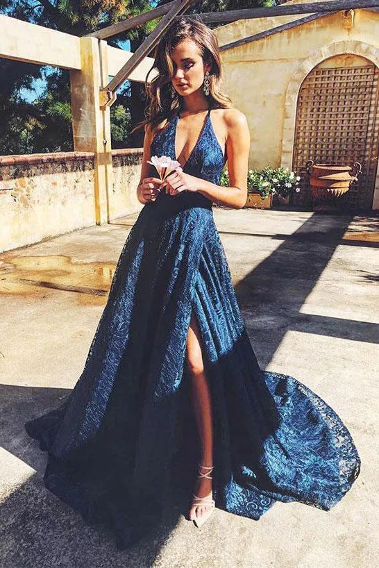 Simple v neck dark blue lace long prom dress, lace evening dress
