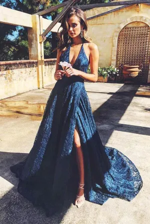 Simple v neck dark blue lace long prom dress, lace evening dress