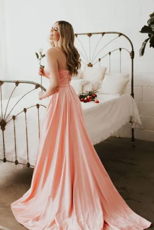 Simple v neck pink satin long prom dress, pink evening dress