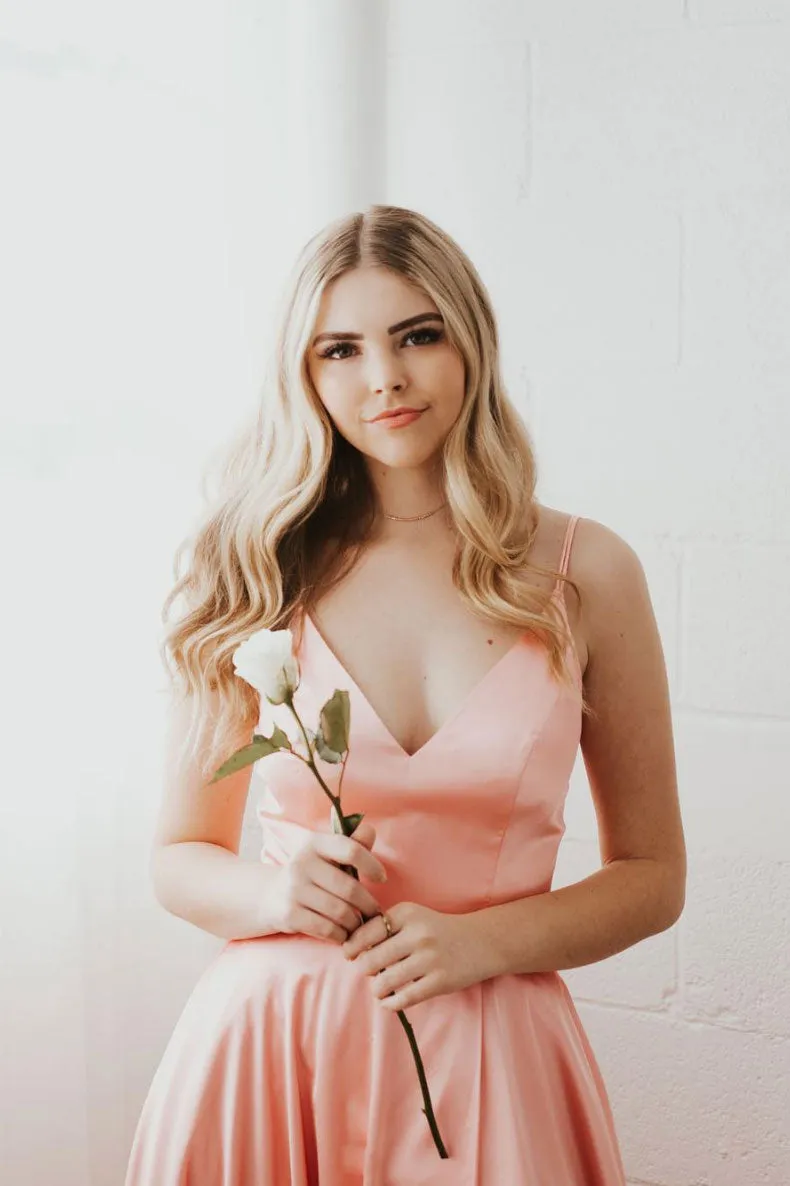 Simple v neck pink satin long prom dress, pink evening dress