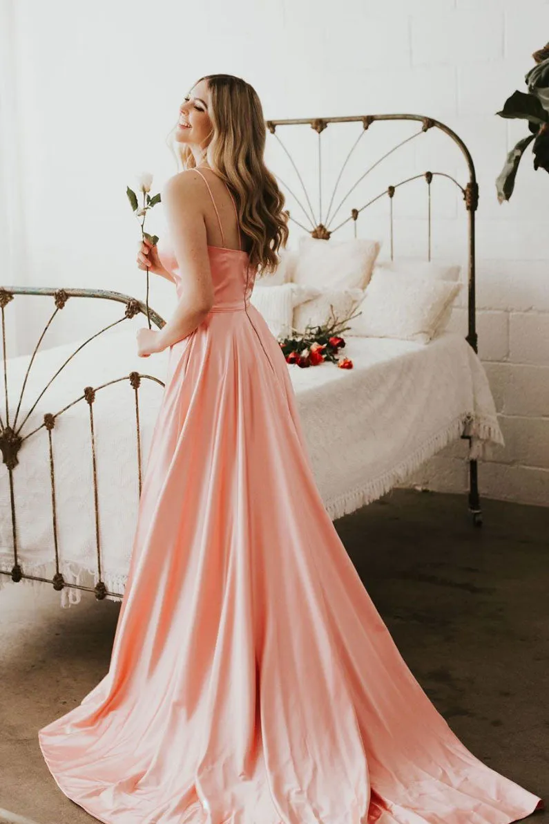 Simple v neck pink satin long prom dress, pink evening dress