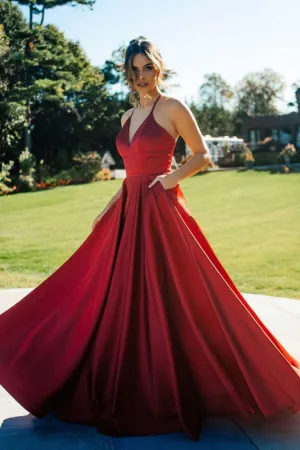 Simple v neck satin long prom dress red evening dress