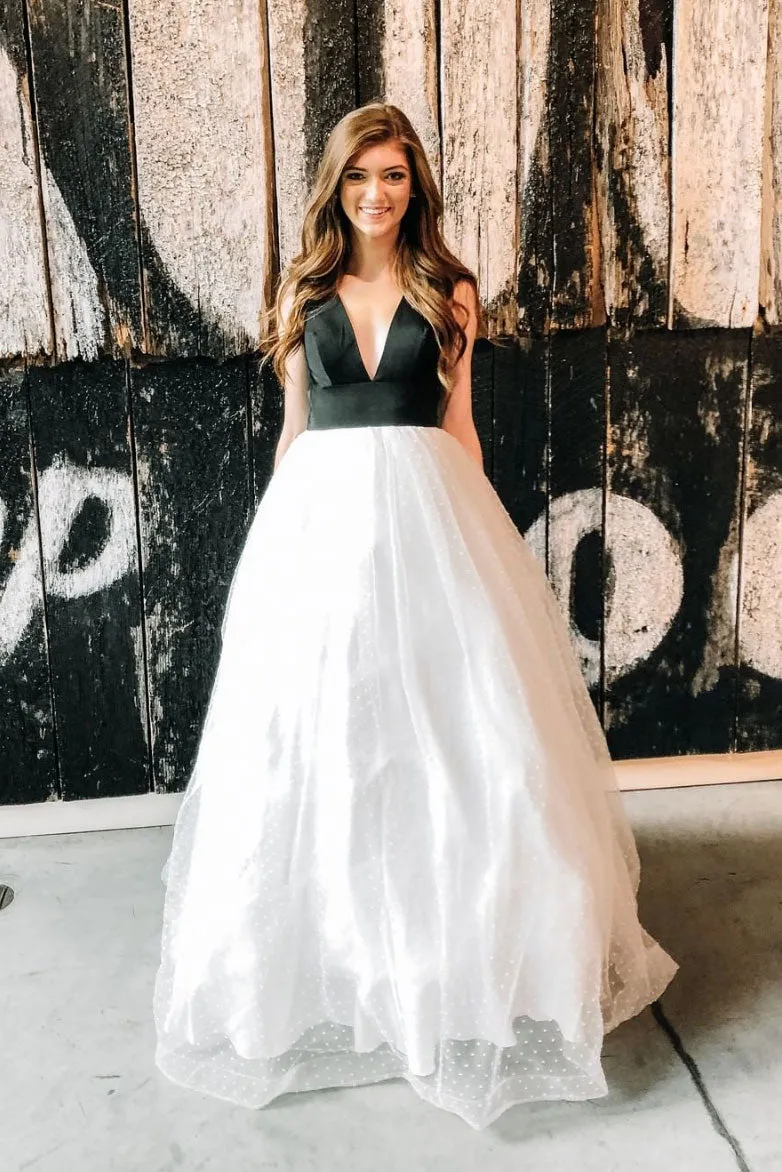 Simple v neck white tulle long prom dress, white tulle evening dress