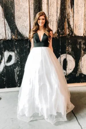 Simple v neck white tulle long prom dress, white tulle evening dress
