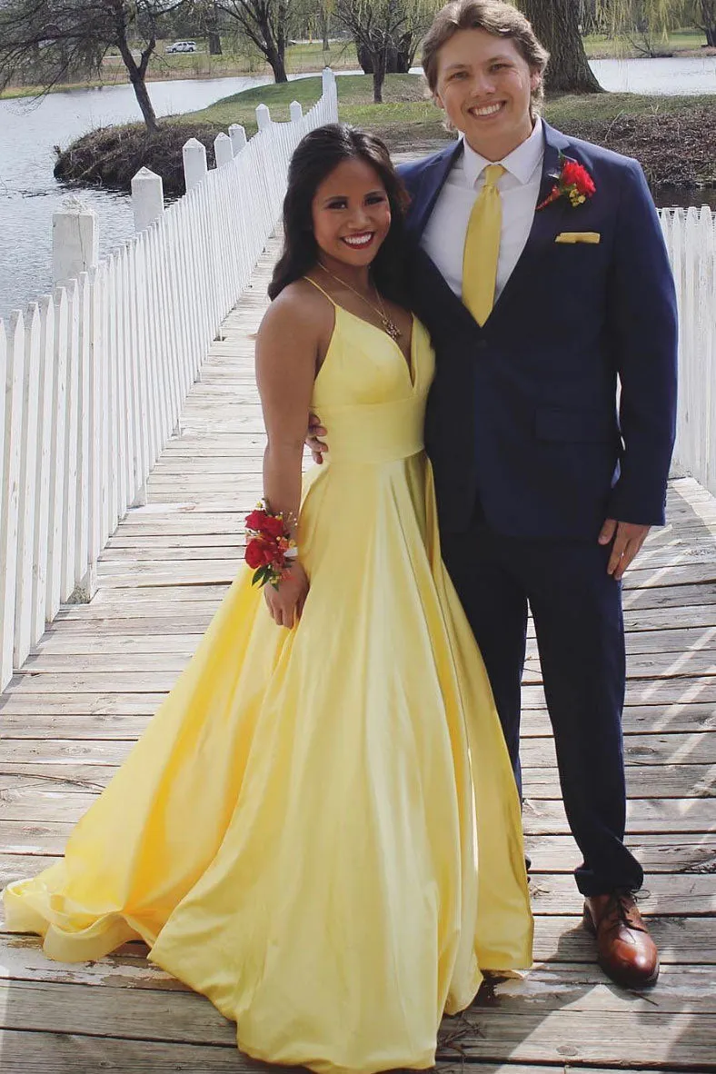 Simple yellow satin long prom dress, yellow evening dress