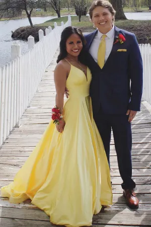 Simple yellow satin long prom dress, yellow evening dress