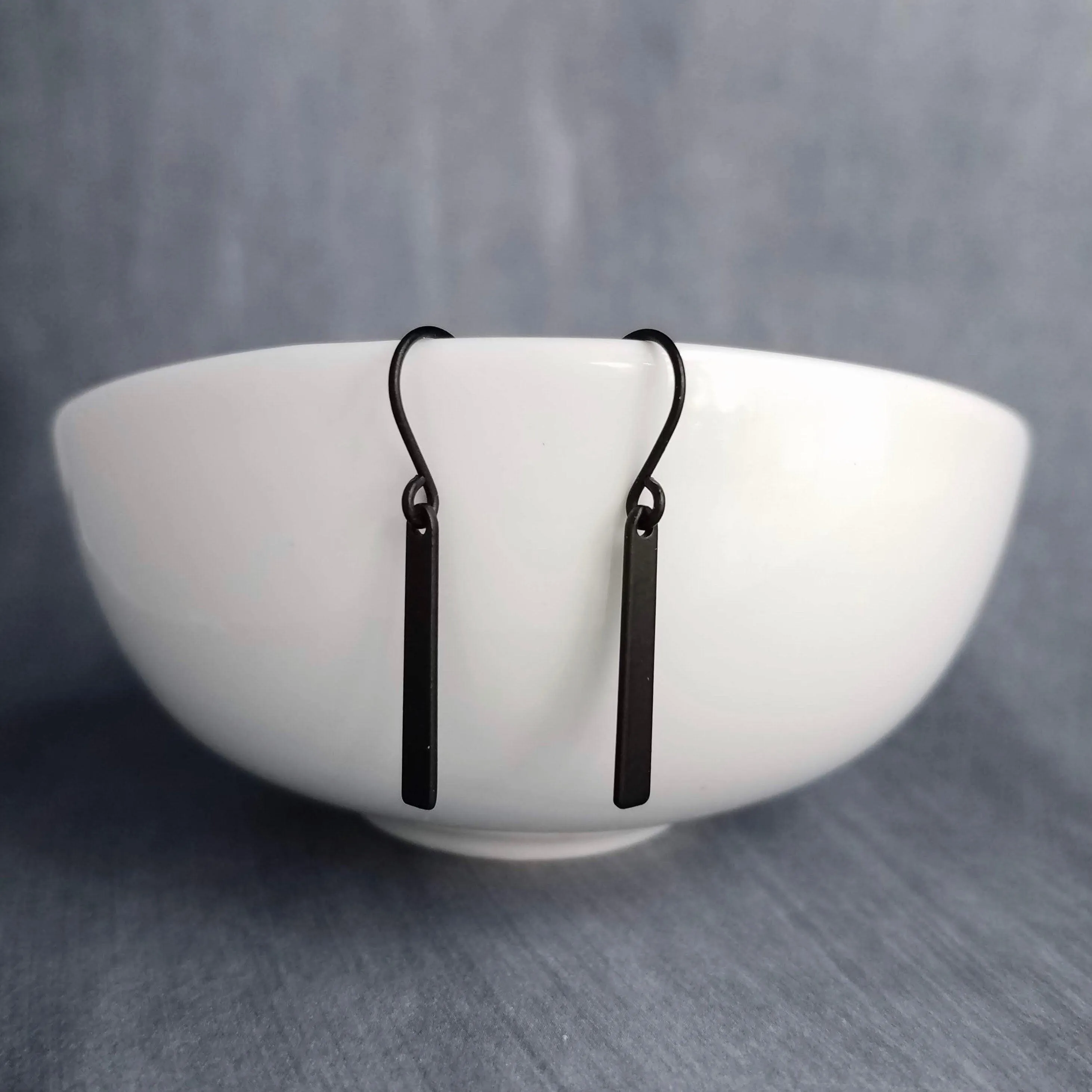 Small Black Bar Earrings, 1.2 inch earring, minimalist narrow black earring, thin earring, matte black earring, short flat rectangle rounded
