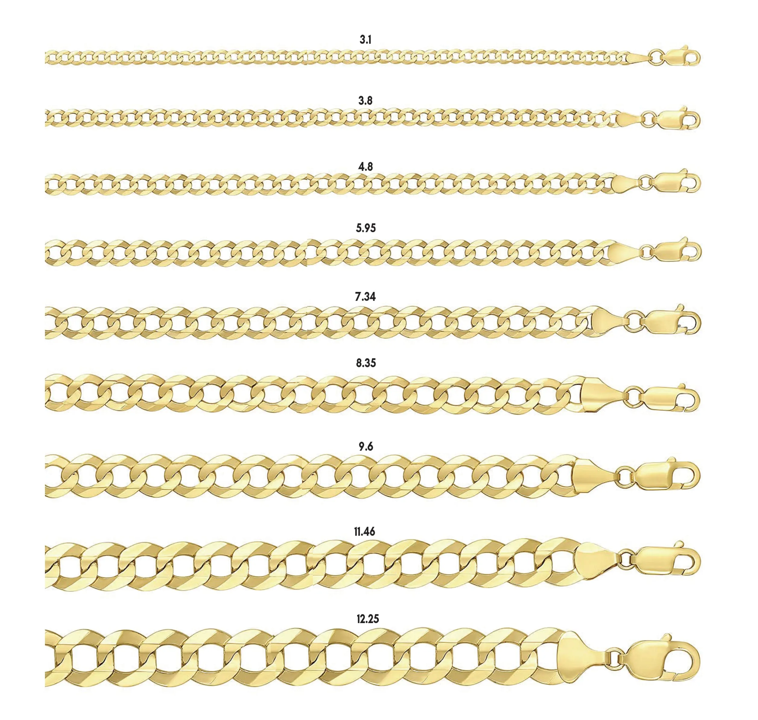 Solid 14K Yellow Gold Prime Link Curb Chain Necklace, 8 Sizes 3.1mm - 11.5mm